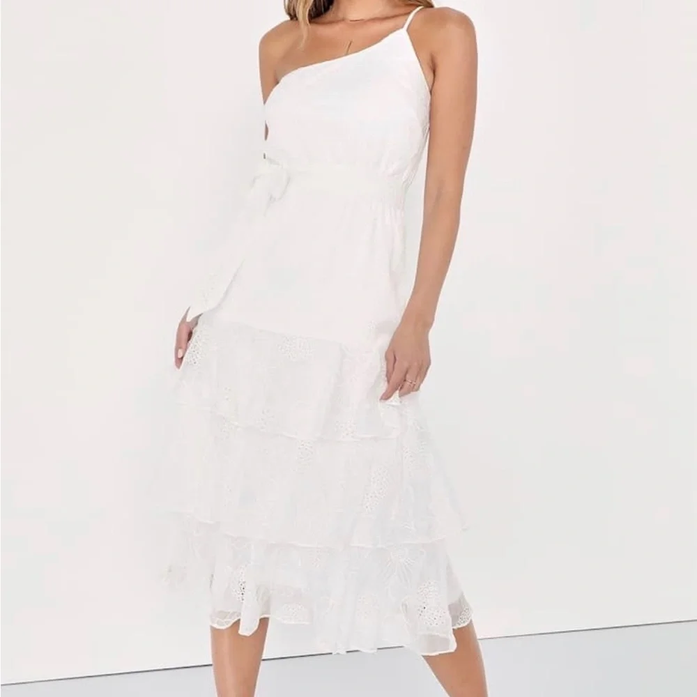 Lulu's White One-Shoulder Ruffle Dress - Picture 1 of 2